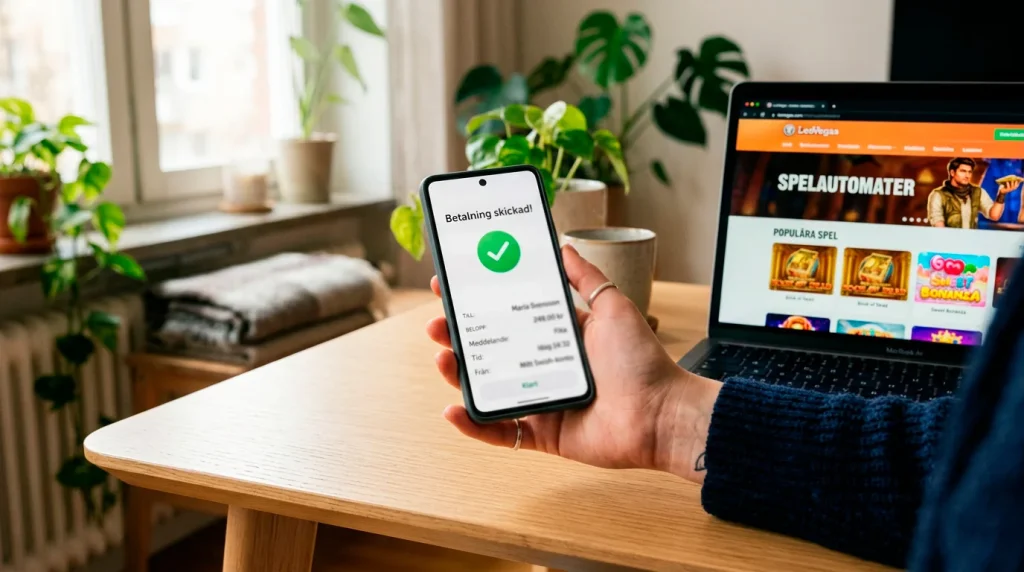 Swish-betalning på en smartphone vid ett Pay N Play casino i Sverige